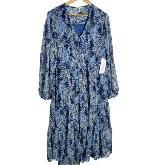 Joie Dress Women XXL Hi-Low Blue Maxi Parisian Paisley Long Sleeve Boho Cottage - Picture 1 of 14